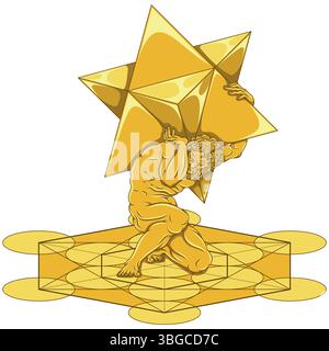 Titan Atlas mit Merkaba-Symbol auf seinen Schultern und mit Metatron, titan der griechischen Mythologie mit heiliger Geometrie Stock Vektor