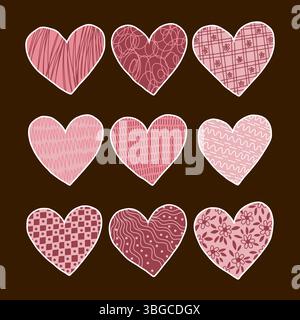 Handgezeichnete Aufkleber mit strukturierten Herzen Stock Vektor