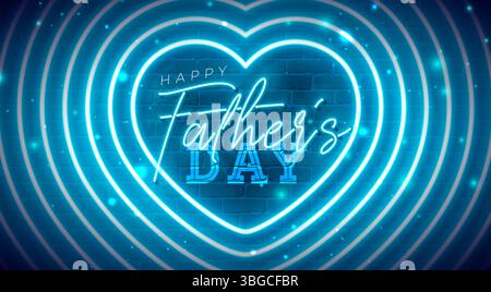 Happy Vatertag Banner Design mit leuchtendem Neonlicht und Typografie-Schriftzug auf blauem Vintage Backsteinmauerhintergrund. Vektorfeier - Begrüßung Stock Vektor