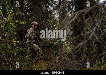 Alexander Goan, ein Verteidiger der 673d Security Forces Squadron, führt am 2. Juni eine simulierte Speichenfederung während der Übung Tropic Tundra an einem abgelegenen Ort in Alaska durch. Die dem 673d Air Base Wing und dem 3rd Wing zugeordneten Flieger bildeten während der Übung den 3rd Air Expeditionary Wing, um ihre Fähigkeit zu testen und zu trainieren, F-22 Raptor Flugzeuge an strengen Orten zu empfangen und zu starten und Agile Combat Employment Techniken zur Vorbereitung der Übung Resolute Force Pacific auszuführen. (Foto der U.S. Air Force von Airman 1st Class Tala Hunt) Stockfoto