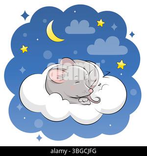 Niedliche Cartoon schlafende Maus auf einer Wolke. Nachtvektor-Illustration auf einem blauen Hintergrund mit Sternen und Mond. Stock Vektor