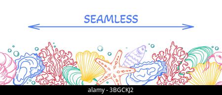 Nahtlose Borte im La Dolce vita-Stil mit Meeresfrüchten. Vektorkontur, Abbildung. Handgezeichnetes Muster des Meeresrahmens. Farbige lineare Zeichnung isoliert auf weißem Hintergrund. Stock Vektor