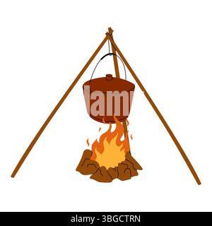 Ein eiserner Kochtopf hängt über dem Lagerfeuer Stock Vektor