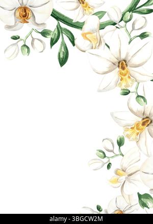 Weiße Orchideenblüten mit Blättern isolierte Illustration. Tropischer floraler Eckrahmen mit phalaenopsis. Botanische Postkartenschablone mit Aquarell Stockfoto