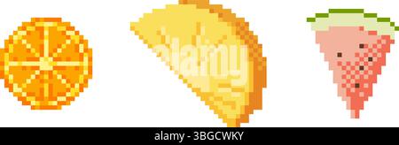 Set mit tropischen Fruchtscheiben im Pixelstil. Enthält Wassermelone, Ananas und Zitrusfrüchte. Perfekt für Sommerthemen, Menüs, Spiele oder digitale Medien Stock Vektor