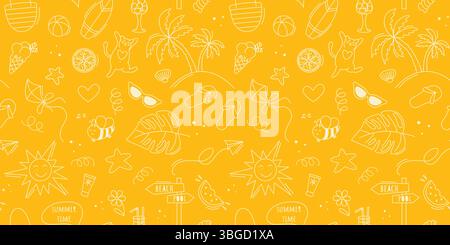 Horizontales Banner mit handgezeichneten Elementen für den Sommerurlaub. Nahtloses Muster für Sommerurlaub und Strandurlaub. Heller gelber, sonniger Hintergrund. Sommer Stock Vektor