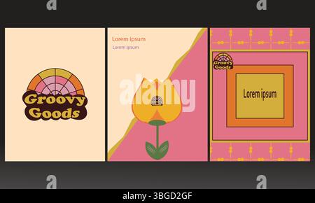 Retro Vintage Design Set – Logo, Poster, Postkarte und nahtloser Hintergrund im Stil der 70er bis 90er Jahre Stock Vektor