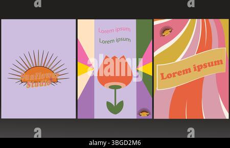 Retro Vintage Design Set – Logo, Poster, Postkarte und nahtloser Hintergrund im Stil der 70er bis 90er Jahre Stock Vektor