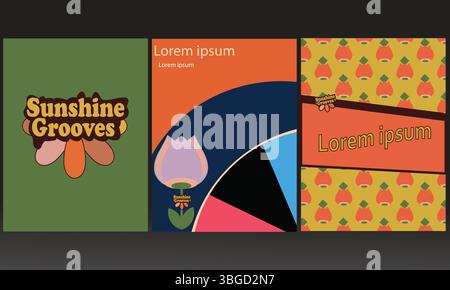 Retro Vintage Design Set – Logo, Poster, Postkarte und nahtloser Hintergrund im Stil der 70er bis 90er Jahre Stock Vektor