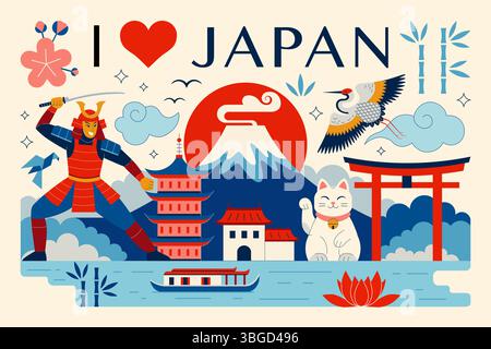 Ich liebe Japan Travel Scene mit Samurai Stock Vektor