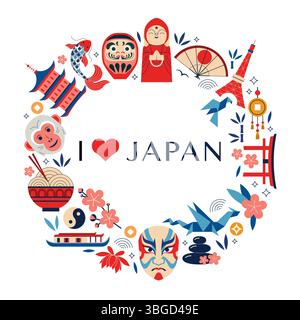 Reise nach Japan Designelemente in Herzform Stock Vektor