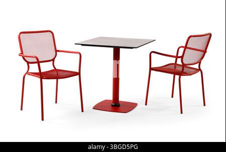 Restauranttisch und Stühle isoliert auf weißem Hintergrund. Esstisch aus Metall Stockfoto