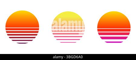 Retro Vaporwave Sun futuristischer Sonnenaufgang. Geometrischer Planet des Cyberpunk. Synthwave Vintage. Sonnenkreis-Retrowellenabstrakt. Vektorabbildung Stock Vektor