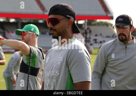 United Kingdom, Manchester, Emirates Old Trafford, 04. Juni 2025, Rishi Patel von Leicestershire vor dem Spiel von Vitality Blast T20 zwischen Lancashire Lightning und Leicestershire Foxes im Emirates Old Trafford Manchester, 04. Juni 2025 Stockfoto