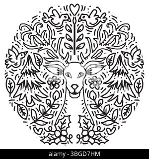 Handgezeichneter Kritzelhirsch mit Blumenschmuck. Vektorabbildung. Stock Vektor