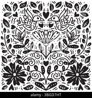 Schwarz-weiße Kritzelvögel, Blumenmuster. Handgezeichnete Vektorgrafik. Stock Vektor