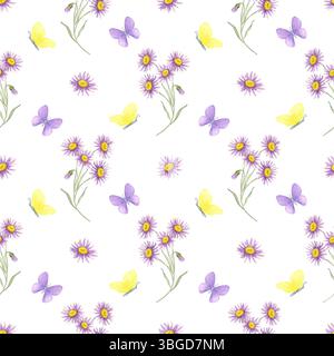 Aquarell-Clipart von verstreuten Asterblüten und Schmetterlingen in Violett und Gelb auf nahtlosem Muster. Wildblumen-Illustration ideal für Frühlingsverpackungen, Kinderzimmer-Stoff oder Planer-Design Stockfoto