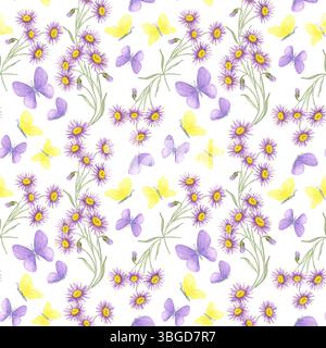 Violette und gelbe Schmetterlinge flattern zwischen Astern in diesem nahtlosen Aquarellmuster. Wildblumen und Insekten Clipart perfekt für Frühlingsverpackungen, Planerseiten oder Textildrucke für Kinder Stockfoto
