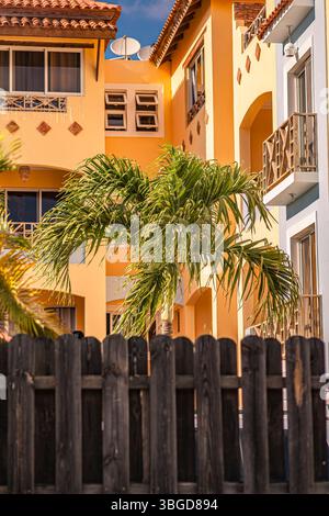Bayahibe, Dominikanische Republik 1. Januar 2025: Üppige Palmen wachsen hinter Holzzaun vor farbenfrohen Resortgebäuden in dominicus, dominican Stockfoto