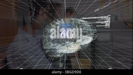 Bild der digitalen Schnittstelle und Leitungen über kaukasischen Männern mit Kopfhörerset Stockfoto