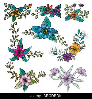 Vektorsatz von Hand gezeichneten Blumen und Blättern im Doodle-Stil. Stock Vektor
