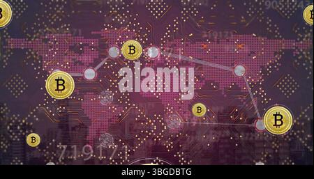 Bild der Datenverarbeitung und Bitcoins über der Stadtlandschaft Stockfoto