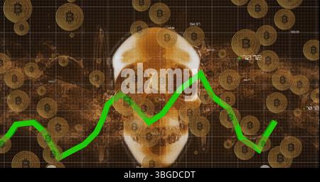 Bild von Schädel und Bitcoins über Datenverarbeitung auf schwarzem Hintergrund Stockfoto