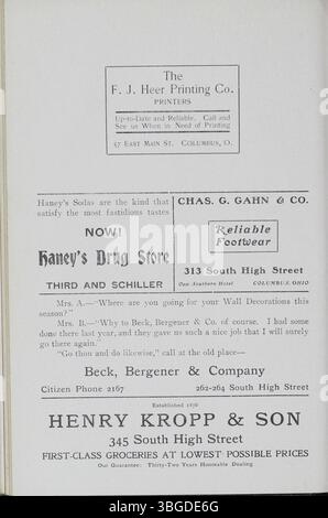 „The Optic“, das Jahrbuch der South High School von 1907 bis 1912, erfasst die Geschichte und das Erbe der Schule. Die Schule befindet sich in Columbus, Ohio, und durchquerte mehrere Gebäude, das heutige Gebäude wurde 1924 eröffnet. Das Jahrbuch ist ein wichtiges historisches Dokument, das die Bildungsentwicklung und den Gemeinschaftsgeist der South High widerspiegelt und insbesondere C.S. Barretts Einfluss als erster Principal hervorhebt. Stockfoto