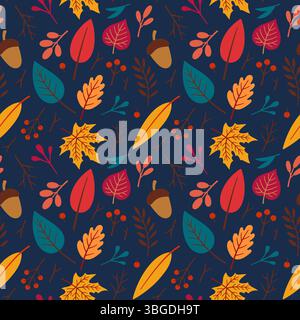 Nahtloses Herbstmuster. Vektor-Blumenabbildung. Herbstelemente - Eichel, Apfel, Blätter, Beeren. Herbstmuster auf dunkelblauem Hintergrund. Doodle-STYLE. Vektor-Blumenabbildung. Stock Vektor