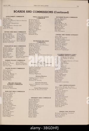 Dieser Teil des Columbus City Bulletins von 1981 umfasst die Beratungen des stadtrates, verabschiedete Verordnungen, Beschlüsse, Ausschreibungen, Aktualisierungen des öffentlichen Dienstes, und Aktivitäten des Board of Purchase. Stockfoto