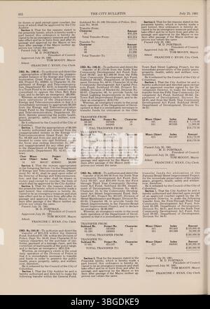 Dieser Teil des Columbus City Bulletins von 1981 enthält Berichte des Stadtschulers, Updates des öffentlichen Dienstes, verabschiedete Verordnungen und Vorschläge für Stadtkäufe. Stockfoto