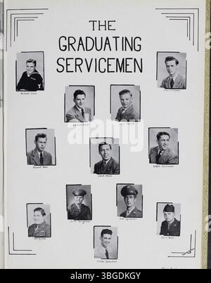 Die South High School, die sich auf der Südseite von Columbus, Ohio, befindet, ist im Jahrbuch The Lens von 1946 dokumentiert. Die Schule zog 1924 in ihr jetziges Gebäude um, und das Jahrbuch hebt Schüler und Lehrkräfte aus diesem Jahr hervor. Das Gebäude an der Ann Street 1160 diente als vierter Standort der Schule. Das Barrett-Gebäude wurde 2013 geschlossen, was das Ende einer Ära für die South High markiert, die nach Renovierungsarbeiten in den Jahren 2007 und 2009 an ihrem Standort in der Ann Street weiter betrieben wird. Stockfoto