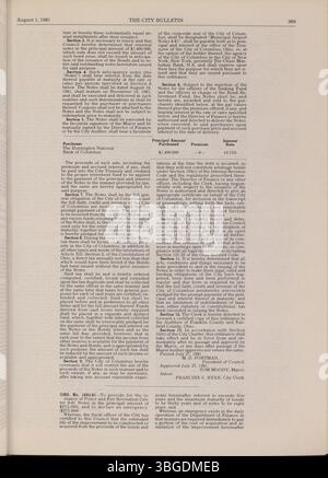 Dieser Teil des Columbus City Bulletins von 1981 enthält aktuelle Informationen über den öffentlichen Dienst der Stadt, Verordnungen, Resolutionen und die Stadtverwaltung. Sie enthält auch Berichte des Kaufausschusses und des Stadtschutzers. Stockfoto