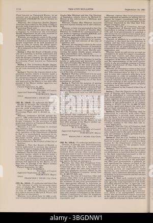 Das Columbus City Bulletin Teil 2 von 1981 beschreibt gesetzgeberische Verfahren, behördliche Maßnahmen, Werbung für Vorschläge und Angelegenheiten des öffentlichen Dienstes, die vom Stadtschreiber verwaltet werden. Stockfoto