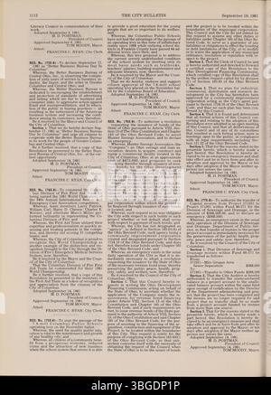 Das Columbus City Bulletin Teil 2 von 1981 enthält Aufzeichnungen über gesetzgeberische Maßnahmen, Aktualisierungen des öffentlichen Dienstes und Vorschläge für Stadtprojekte, die vom Stadtschreiber überwacht werden. Stockfoto