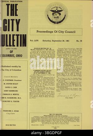Das Columbus City Bulletin von 1981, Teil 2, behandelt die Beratungen des stadtrates, erlassene Verordnungen, angenommene Resolutionen, Aktualisierungen des öffentlichen Dienstes und Aktivitäten der Kaufkommission. Stockfoto