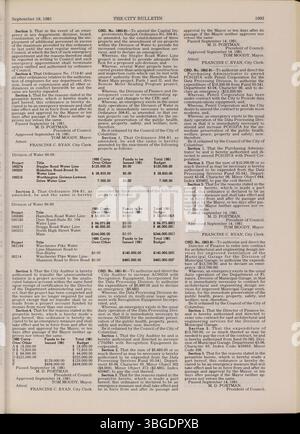 Das Columbus City Bulletin Teil 2 von 1981 enthält einen Bericht über offizielle stadtratsversammlungen, Beschlüsse, Verordnungen, Aktualisierungen des öffentlichen Dienstes und Werbung für Angebote und Vorschläge, die für städtische Aktivitäten relevant sind. Stockfoto