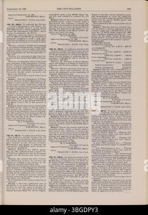 Das Columbus City Bulletin Teil 2 von 1981 enthält Aufzeichnungen über Beschlüsse des stadtrates, Verordnungen, Aktualisierungen des öffentlichen Dienstes, Aktivitäten des Kaufausschusses und Werbung für Angebote und Angebote. Stockfoto