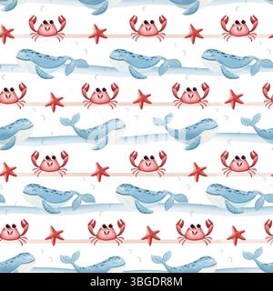 Nahtloses Muster mit niedlichen Walen im Aquarellstil, lächelnden Krabben und Seesternen auf weißem Hintergrund. Verspieltes Design im maritimen Stil, perfekt für Kinder, Stockfoto