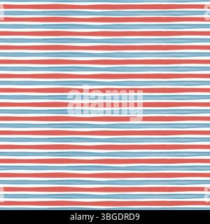 Nahtloses Muster aus horizontalen blauen und roten Aquarellstreifen. Handgemaltes nautisches Design mit weicher Textur, perfekt für Stoffe Stockfoto