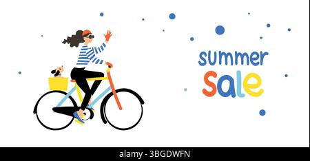 Sommer-Werbebanner mit Frau, die Fahrrad fährt Stock Vektor