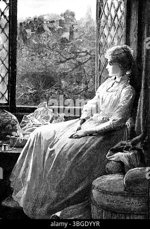 Viktorianische Freizeitkurse, Oberschicht-Frau, die sich am offenen Fenster entspannt, gravierte Liniengrafik von Lucien Davis aus dem Jahr 1892, The Quiver Magazine Stockfoto