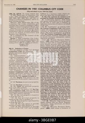 Dieser Teil des Columbus City Bulletins von 1981 umfasst die Beratungen der Stadt, Updates über den öffentlichen Dienst, Verordnungen, Beschlüsse und Aktivitäten verschiedener Stadtverwaltungen sowie offizielle Stadtaktionen. Stockfoto