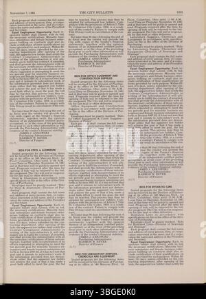 Das Columbus City Bulletin Teil 2 von 1981 enthält die Beratungen der Stadt, Angebote und Vorschläge, verabschiedete Verordnungen, Beschlüsse, Aktualisierungen des öffentlichen Dienstes, und Aktivitäten des Vorstands und der Stadtverwaltung. Stockfoto