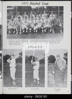 Das Jahrbuch 1971 mit dem Titel The Lens von der South High School in Columbus, Ohio, zeigt Studenten und Mitarbeiter während des akademischen Jahres. Die Schule an der 1160 Ann Street war das vierte Gebäude der South High. Die Schule hat seit ihrer Gründung im Jahr 1895 mehrere Standorte, die heutige Eröffnung erfolgte 1924. Das Jahrbuch spiegelt die Geschichte der Schule, die Schülerschaft und die akademischen Leistungen wider. Stockfoto