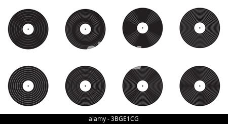 Musikplatten und Plattenspieler-Icon-Pack Vinyl LP-Discs im Retro-Stil DJ-Setup für 70er 80er 90er Clubszene Vektor-Illustration auf weißem Hintergrund Stock Vektor
