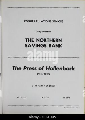 Das „Memory Book“ Jahrbuch von 1953 dokumentiert die Gründung der North High School im Jahr 1893, die ursprünglich von Charles D. Everett geleitet wurde. Das erste Gebäude, das von Frank L. Packard entworfen wurde, war ein Gebäude im romanischen Stil, das an der 100 West 4th Avenue erbaut wurde. Die Schule zog 1924 in die 100 East Arcadia Avenue und schloss 1979 aufgrund der abnehmenden Einschreibung. 2012 wurde sie als Columbus International High School wieder eröffnet. Stockfoto