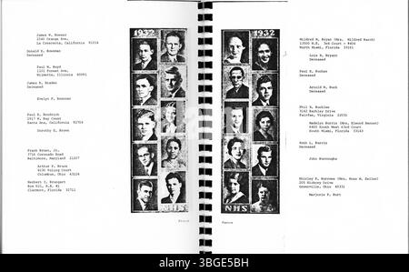 Dieses 50. Reunion Booklet erinnert an die North High School Class von 1932 mit Fotos und persönlichen Briefen von Alumni. Sie beleuchtet die Geschichte der North High School, die ursprünglich 1893 an der West 4th Avenue in Columbus, Ohio, erbaut wurde. Die Schule wurde von dem Architekten Frank L. Packard im romanischen Stil entworfen. Die Schule zog 1924 an einen neuen Standort und wurde 2012 als Columbus International High School wiedereröffnet. Stockfoto