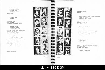 Dieses Heft zum Wiedersehen 1982 erinnert an den 50. Jahrestag der Klasse 1932 der North High School. Das Heft enthält Bilder und Briefe von Alumni. Die ursprüngliche Schule, entworfen von Frank L. Packard, wurde 1893 im romanischen Stil an der 100 West 4th Avenue gebaut. Das Gebäude wurde 1924 durch eine neuere Schule an der 100 East Arcadia Avenue ersetzt. Sie wurde 1979 geschlossen und 2012 als Columbus International High School wieder eröffnet. Stockfoto