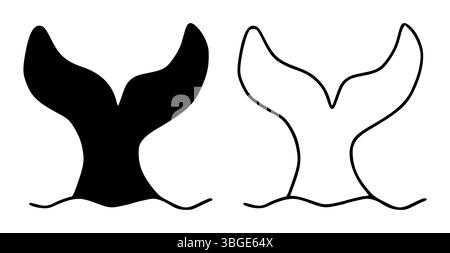 Walschwanz in Wassersilhouette isoliert, Schwarze Haischwänze und Meereswelle. SEA LIFE-Symbol. Logo-Kontur. Vektorabbildung Stock Vektor